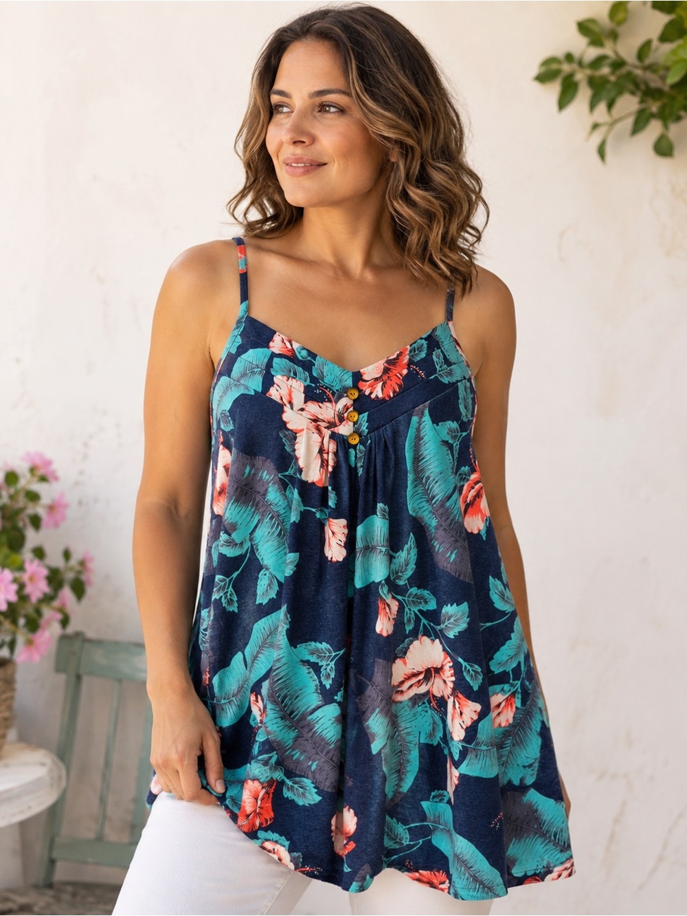 •NWT Tropical Floral Tank Blouse Navy Hibiscus Boho Summer Top | Size Medium